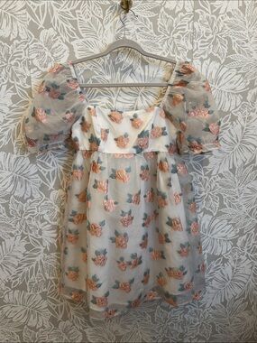 Altar’d State White Floral Puff-Sleeve Dress XS